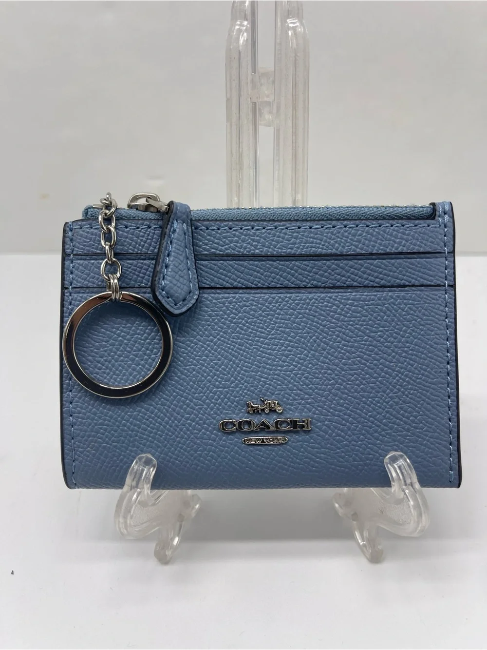 Coach Mini Skinny Crossgrain Leather Id Card Zip Closure Case Silver/Slate NWT
